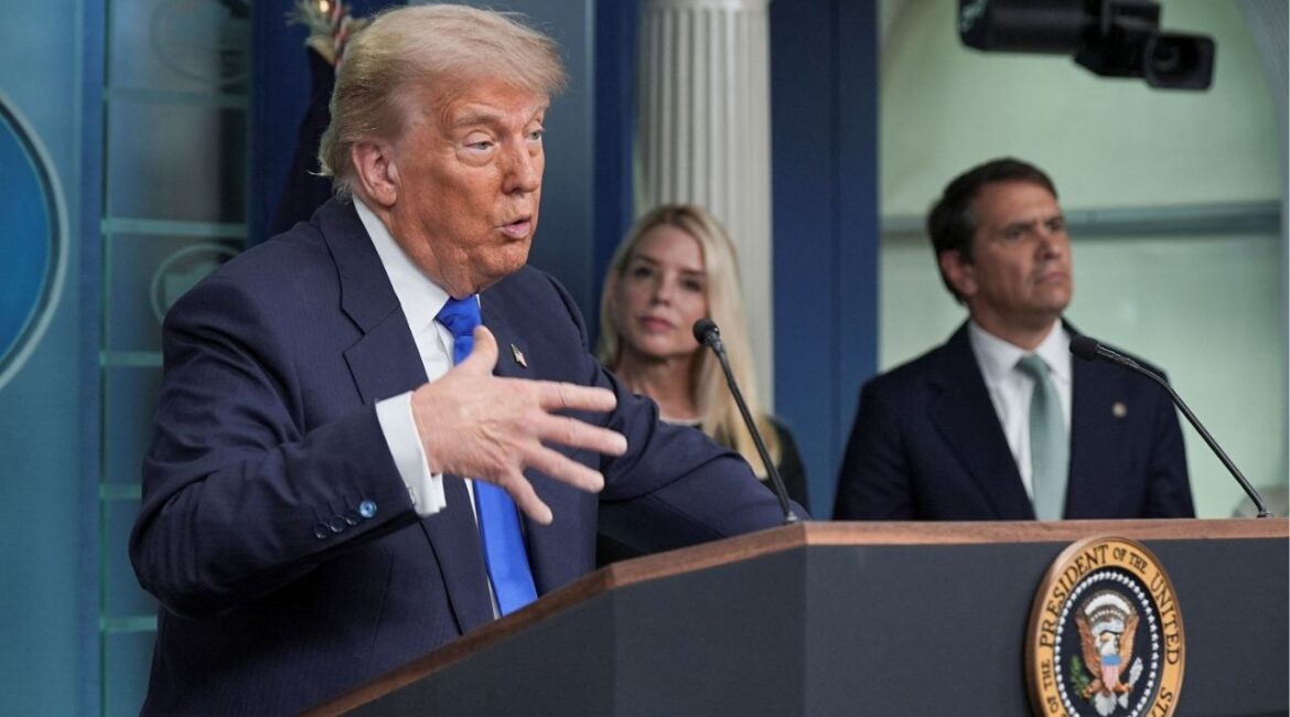 President Donald Trump speaks to the media as U.S. Attorney General Pam Bondi and U.S. Attorney General Todd Blanche listen in the Press Briefing Room at the White House in Washington D.C., June 27, 2025. (Reuters File)