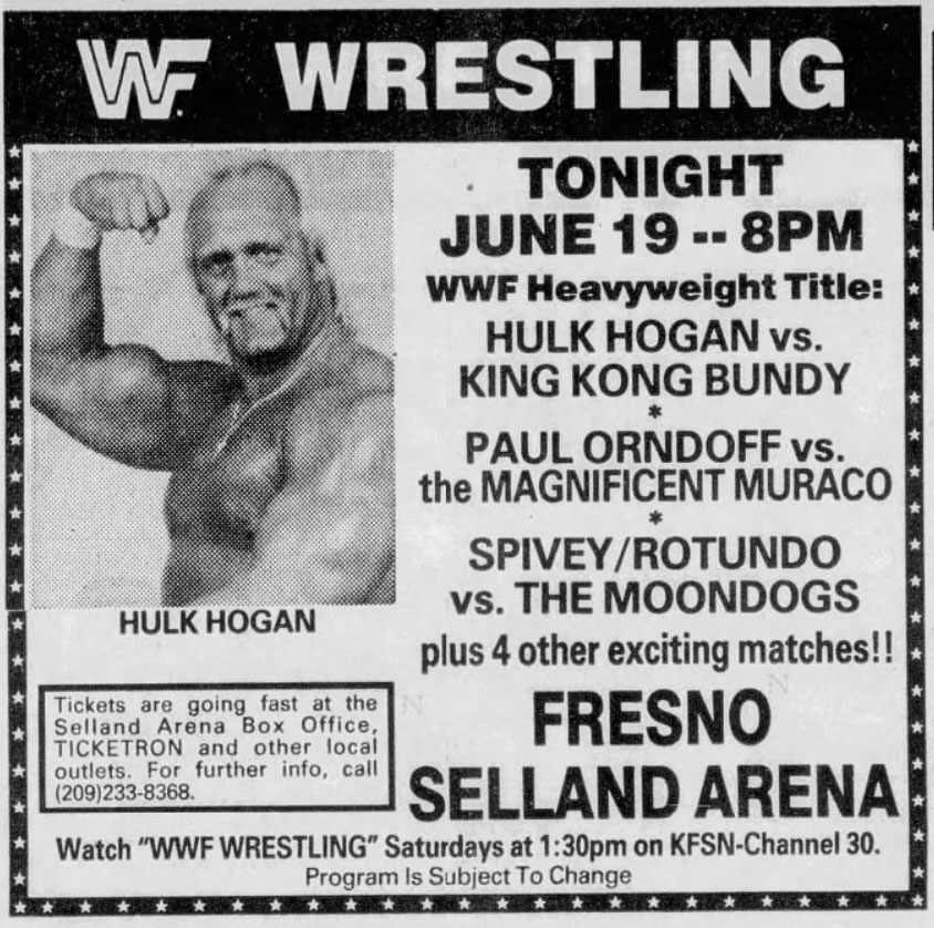 HULK HOGAN vs KING KONG BUNDY advertisement in the Fresno Bee