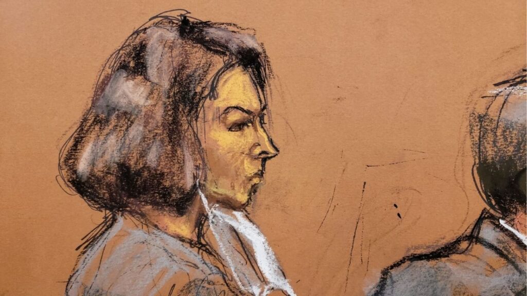 Jeffrey Epstein associate Ghislaine Maxwell sits at the defense table as juror number 50 answers questions from Judge Alison Nathan about his answers on the juror questionaire in a courtroom sketch in New York City, U.S., March 8, 2022. (Reuters File)