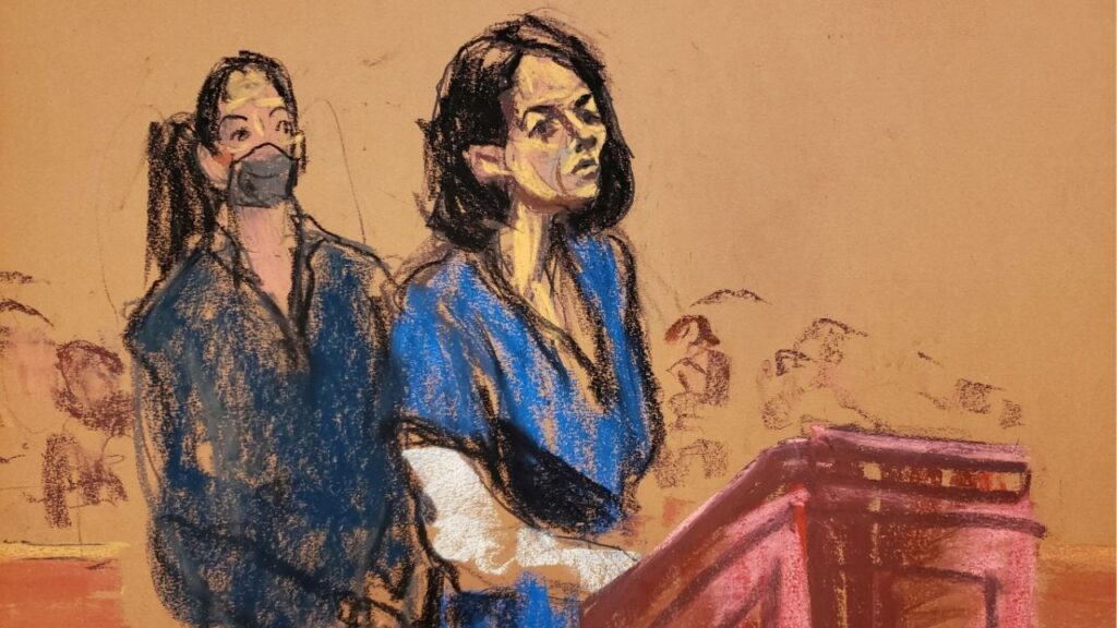 Jeffrey Epstein associate Ghislaine Maxwell stands at the podium to address Judge Alison Nathan during her sentencing in a courtroom sketch in New York City, U.S. June 28, 2022. (Reuters File)