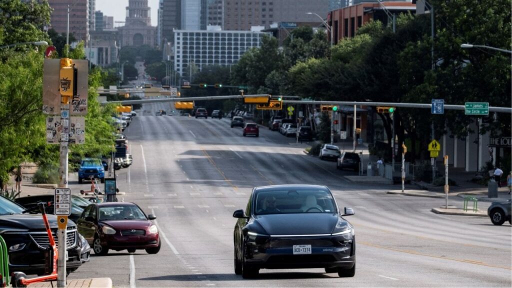 A Tesla robotaxi drives on the street along South Congress Avenue in Austin, Texas, U.S., June 22, 2025. (Reuters File)