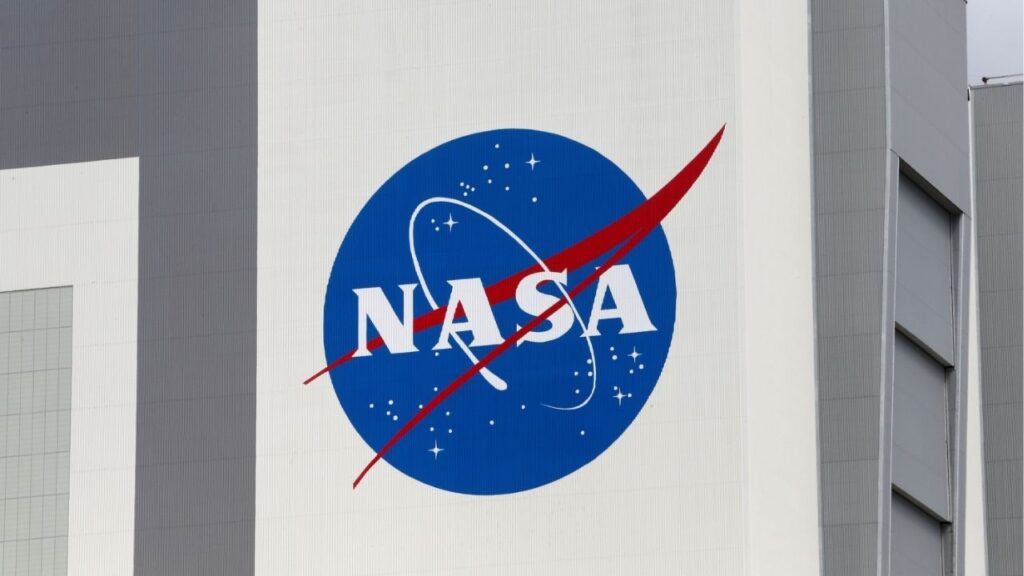 The NASA logo is seen at Kennedy Space Center in Cape Canaveral, Florida, U.S., April 16, 2021. (Reuters File)