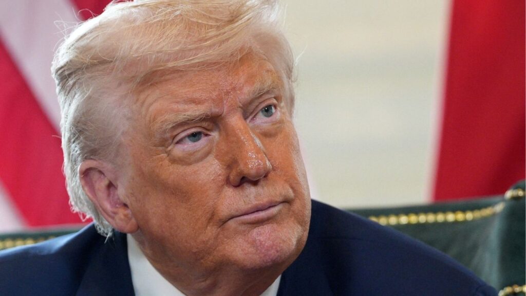 President Donald Trump looks on as he meets with British Prime Minister Keir Starmer (not pictured) at Trump Turnberry golf club on July 28, 2025 in Turnberry, Scotland, Britain. Christopher Furlong/Pool via REUTERS