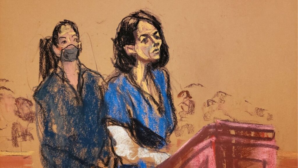 Jeffrey Epstein associate Ghislaine Maxwell stands at the podium to address Judge Alison Nathan during her sentencing in a courtroom sketch in New York City, U.S. June 28, 2022. (Reuters File)