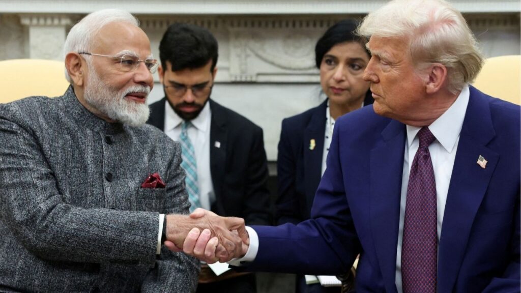 President Donald Trump and Indian Prime Minister Narendra Modi shake hands, at the White House in Washington, D.C., U.S., February 13, 2025. (Reuters File)