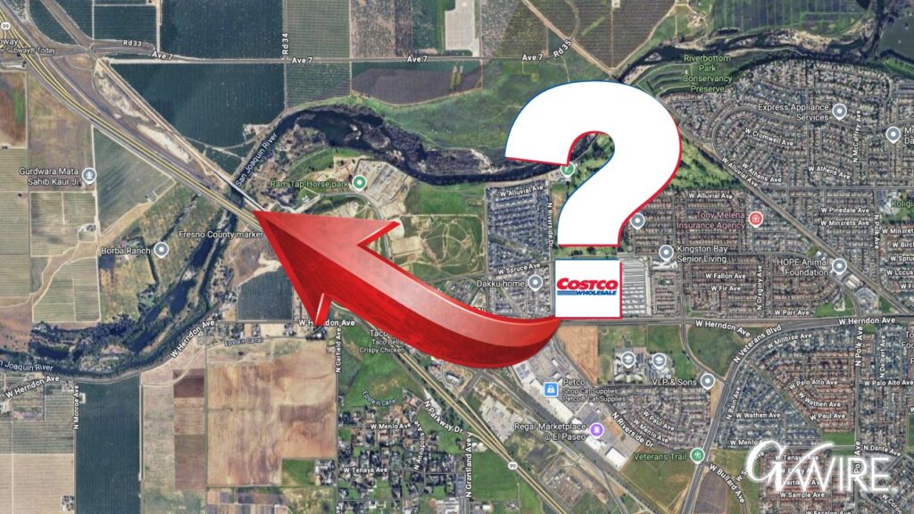 A map showing the Herndon/Riverside Costco location with a big arrow pointing to Hwy 99/Avenue 7 and a big question mark.