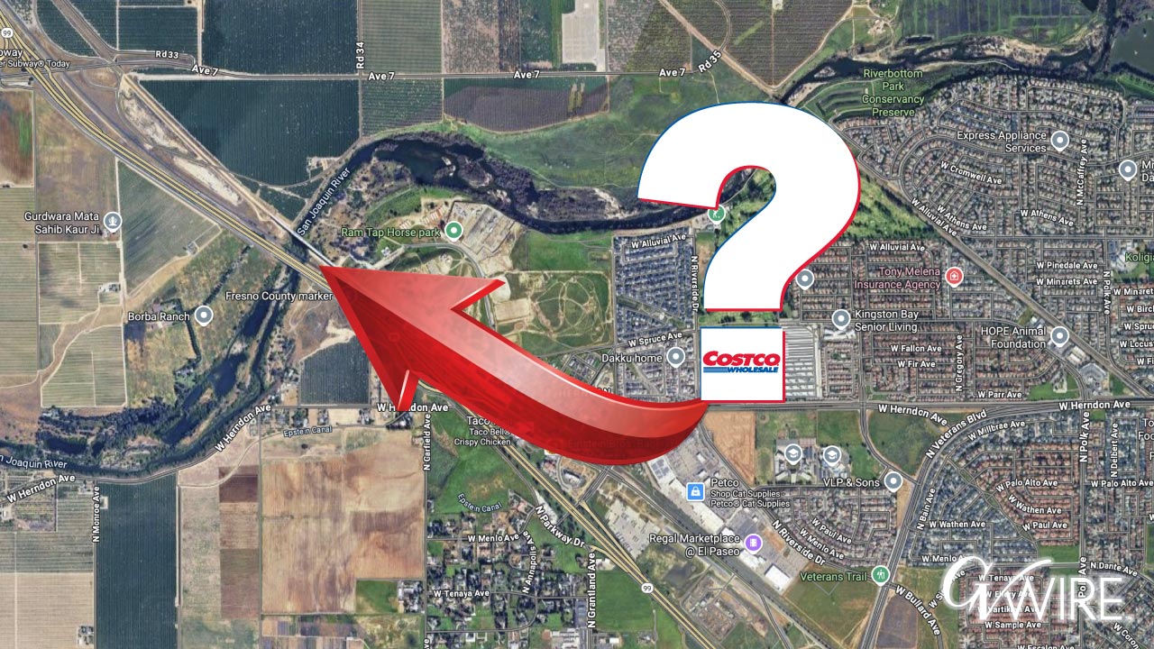 A map showing the Herndon/Riverside Costco location with a big arrow pointing to Hwy 99/Avenue 7 and a big question mark.