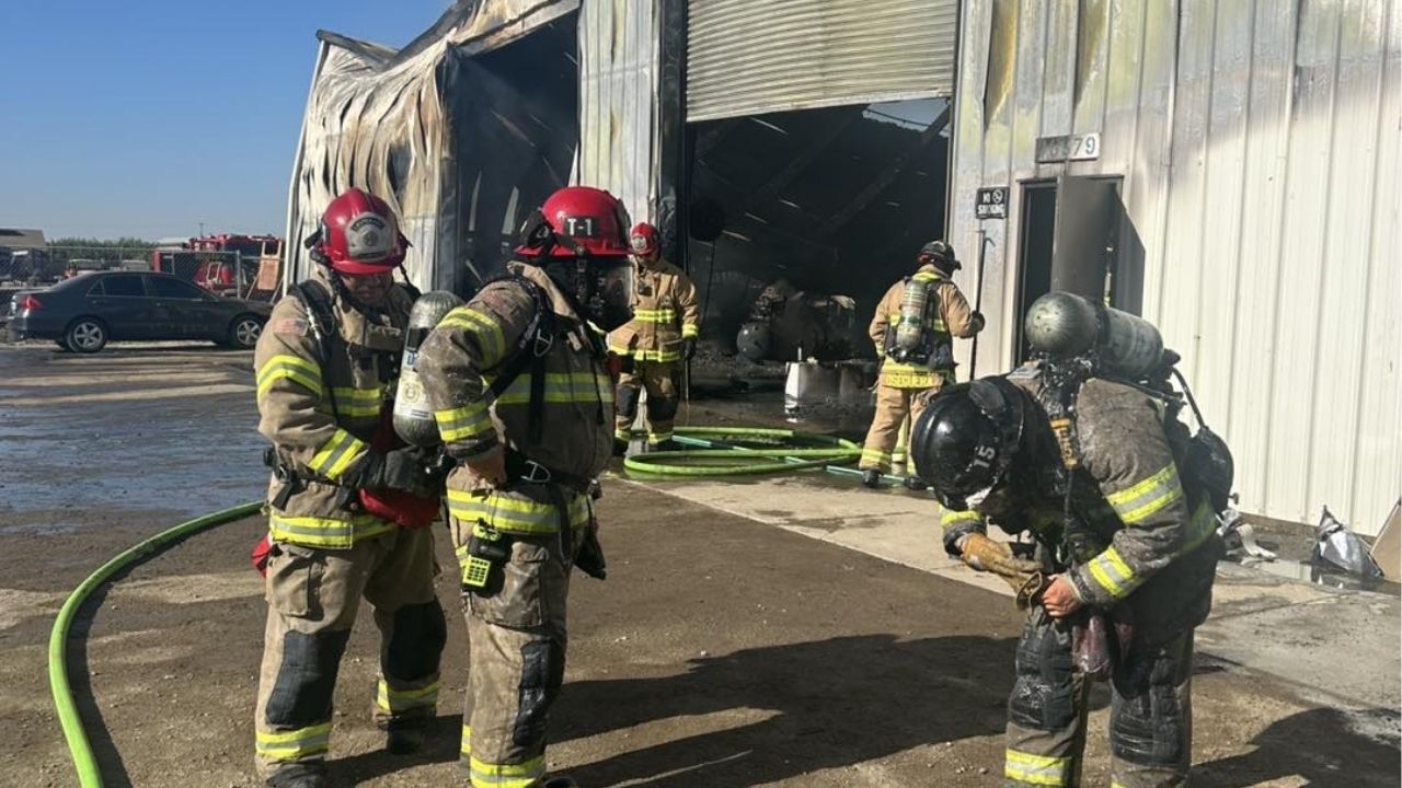 A three-alarm commercial building fire near Tipton on Thursday, July 31, 2025, prompted a large response from Tulare and Kings County fire crews, with no injuries reported and the cause under investigation. (Tulare County FD)