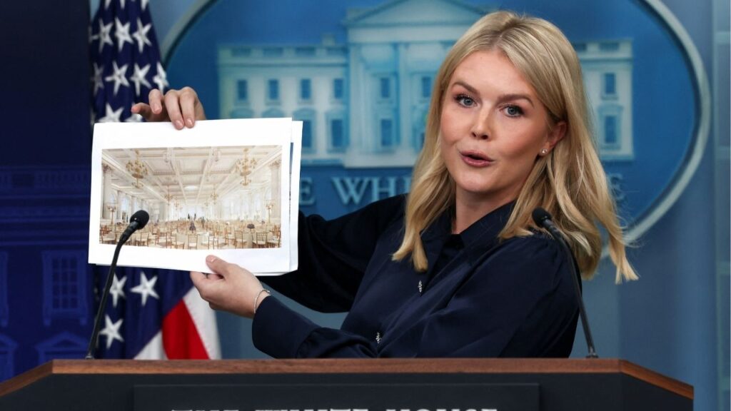 White House Press Secretary Karoline Leavitt holds an image of a rendering of the new White House ballroom to be built, during a press briefing at the White House in Washington, D.C., U.S., July 31, 2025. (Reuters/Evelyn Hockstein)