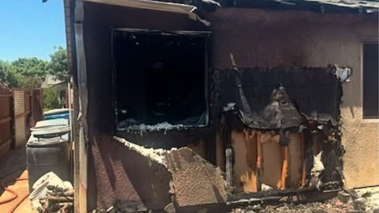 A fire sparked by oily rags displaced a Fresno family and damaged their home Thursday, July 31, 2025, but firefighters rescued three dogs, a chameleon, and a turtle with no injuries reported. (Fresno FD)