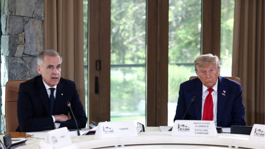 President Donald Trump and Canadian Prime Minister Mark Carney attend a meeting with G7 leaders and guests, at the G7 summit in Kananaskis, Alberta, Canada, June 16, 2025. (Reuters File)