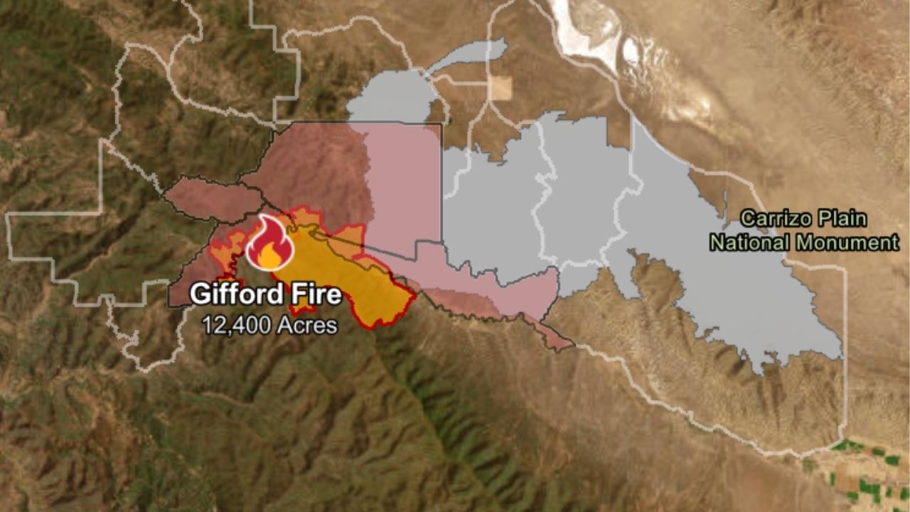 The Gifford Fire has burned 12,400 acres northeast of Santa Maria with 5% containment as of Saturday, August 2, 2025, morning. (CalFire)