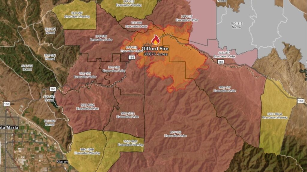 The Gifford Fire has scorched nearly 40,000 acres in Santa Barbara and San Luis Obispo counties as of Sunday, August 3, 2025, prompting multiple evacuation orders and the closure of Highway 166 as crews work to contain the fast-moving wildfire. (CalFire)