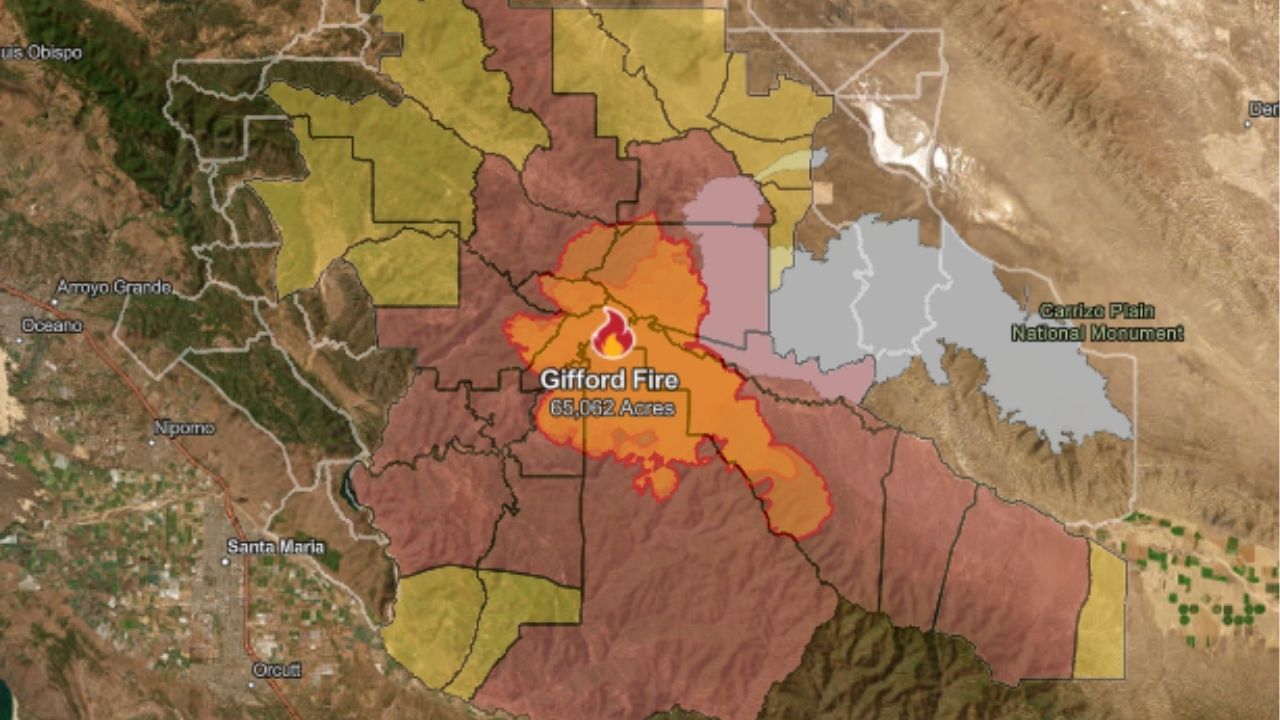 The Gifford Fire has grown to 65,062 acres with just 3% containment as of Monday, August 4, 2025, prompting widespread evacuation orders and warnings across San Luis Obispo and Santa Barbara counties. (CalFire)