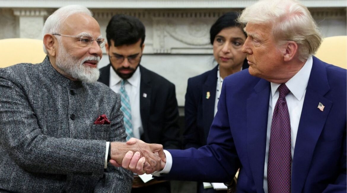 President Donald Trump and Indian Prime Minister Narendra Modi shake hands, at the White House in Washington, D.C., U.S., February 13, 2025. (Reuters File)