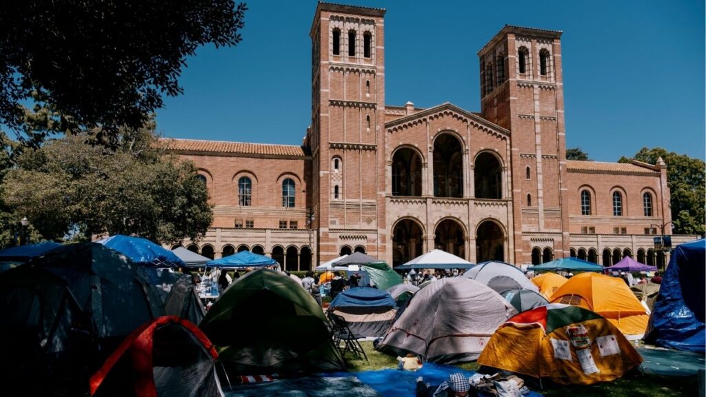 A pro-Palestinian encampment at the University of California, Los Angeles, April 27, 2024. Last year, UCLA was the site of one of the nation’s biggest protests against the war in Gaza. The federal government is cutting research funds for the University of California, Los Angeles, over claims of antisemitism and bias at the institution, according to its chancellor. (Mark Abramson/The New York Times)