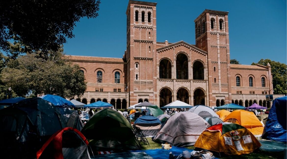 A pro-Palestinian encampment at the University of California, Los Angeles, April 27, 2024. Last year, UCLA was the site of one of the nation’s biggest protests against the war in Gaza. The federal government is cutting research funds for the University of California, Los Angeles, over claims of antisemitism and bias at the institution, according to its chancellor. (Mark Abramson/The New York Times)