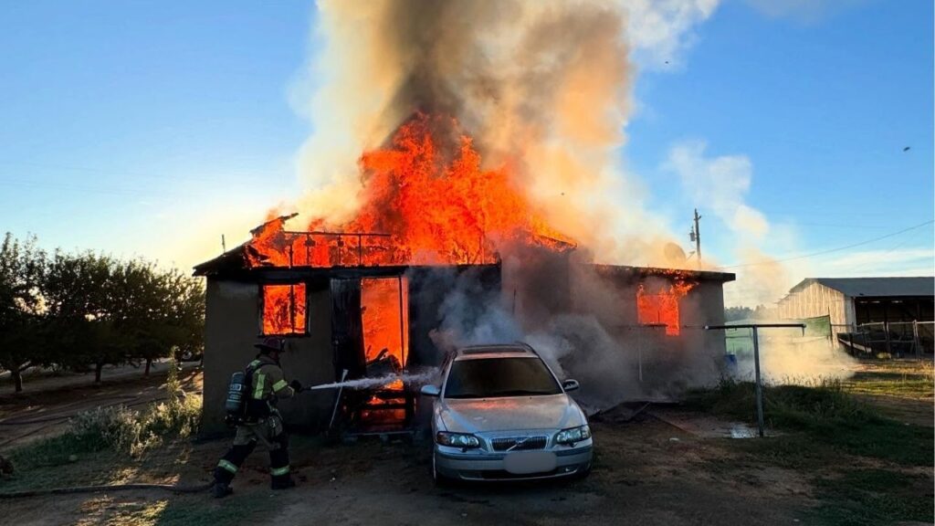 A house fire south of Selma on Monday, August 4, 2025, morning displaced two adults and injured a dog, with the cause under investigation. (CalFire)