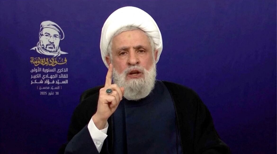 Lebanon’s Hezbollah Chief Naim Qassem gives a televised speech from an unknown location, July 30, 2025 in this screen grab from video. (Reuters File)