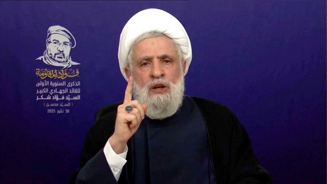 Lebanon’s Hezbollah Chief Naim Qassem gives a televised speech from an unknown location, July 30, 2025 in this screen grab from video. (Reuters File)