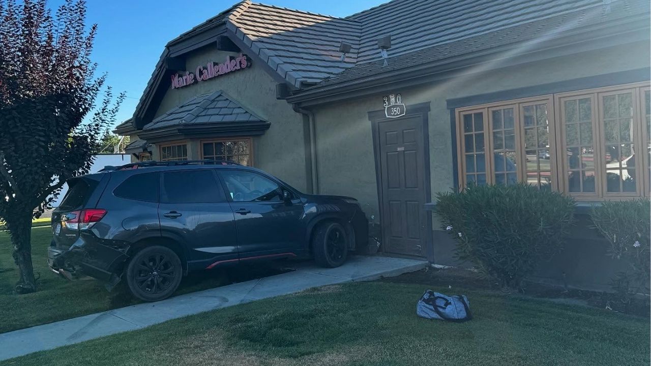 A driver ran a red light in Visalia on Wednesday, August 6, 2025, morning, causing a crash that sent another vehicle into a Marie Callender’s restaurant, police said. (Visalia PD)