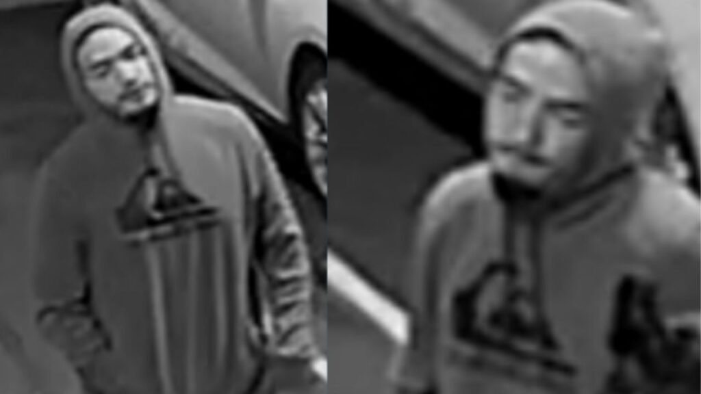 Fresno police are searching for a suspect who robbed a person near Blackstone and Garland avenues and fled in a white Chevrolet sedan. (Fresno PD)
