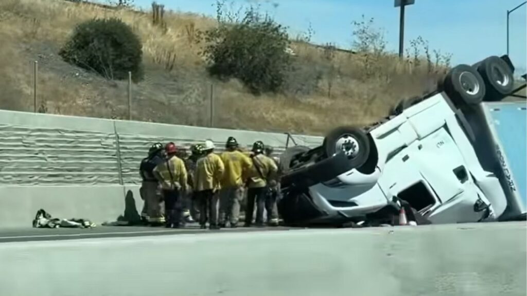 An overturned big rig on Highway 99 at Clinton Avenue caused major traffic backups in both directions Wednesday, August 6, 2025, afternoon in Fresno. (Fresno County SO)