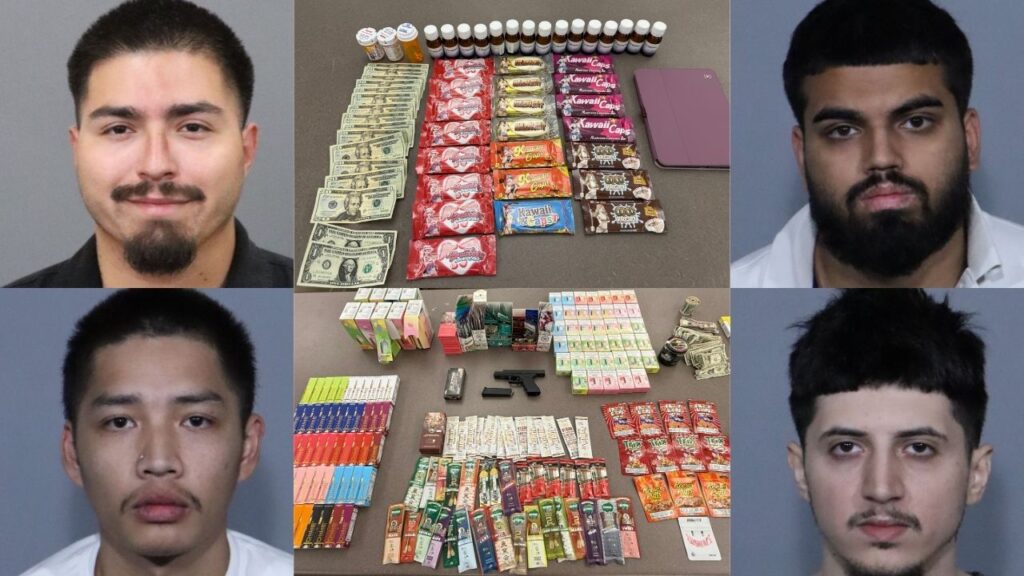 Clovis Police arrested Jeremiah Gonzalez (top left), 25, Jonathan Simmavong (bottom left), 27, both of Clovis, Gursimran Mahal (top right), 25, and Zackary Torres, 26, both of Fresno, in a narcotics investigation that led to the seizure of drugs, a firearm, and illegal vape products. (Clovis PD)