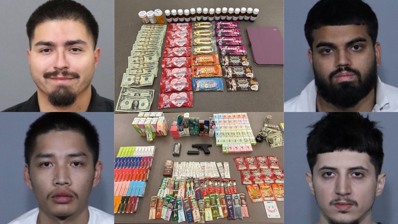 Clovis Police arrested Jeremiah Gonzalez (top left), 25, Jonathan Simmavong (bottom left), 27, both of Clovis, Gursimran Mahal (top right), 25, and Zackary Torres, 26, both of Fresno, in a narcotics investigation that led to the seizure of drugs, a firearm, and illegal vape products. (Clovis PD)