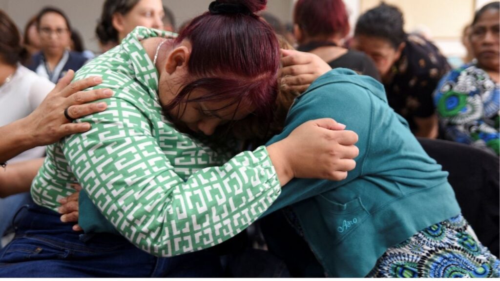Mothers of victims and survivors react on the day the court rules in the trial for the deaths of 41 children in a fire at the Virgen de la Asuncion shelter in 2017, in Guatemala City, Guatemala August 12, 2025. (Reuters/Cristina Chiquin)