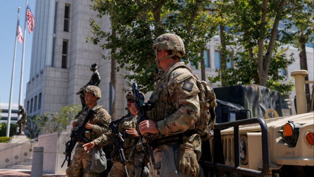 Members of the California National Guard are deployed outside a complex of federal buildings in Santa Ana, California, U.S. June, 18, 2025. (Reuters File)