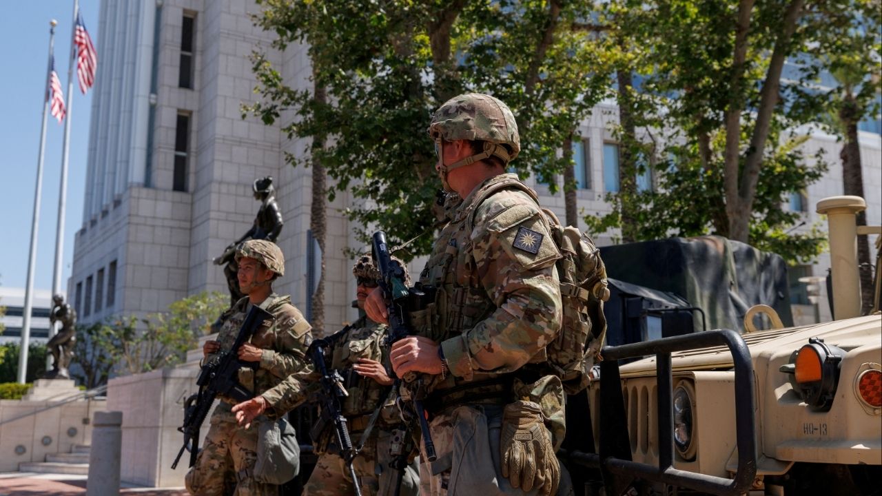 Members of the California National Guard are deployed outside a complex of federal buildings in Santa Ana, California, U.S. June, 18, 2025. (Reuters File)