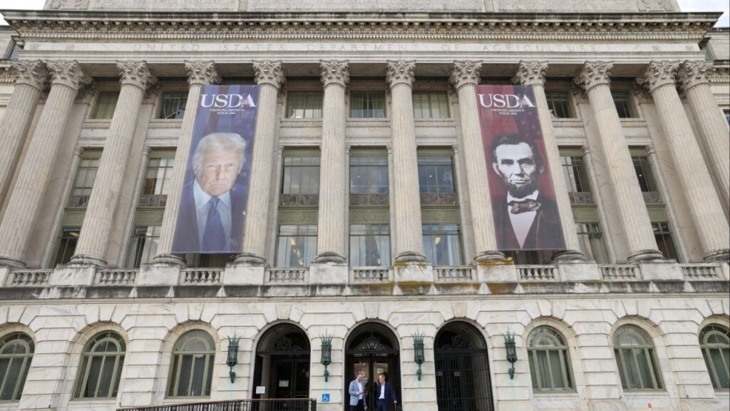 Banners of U.S. President Donald Trump and President Abraham Lincoln reading "Growing America Since 1862" hang over the entrance to the United States Department of Agriculture (USDA) in Washington, D.C., U.S., May 15, 2025. (Reuters File)