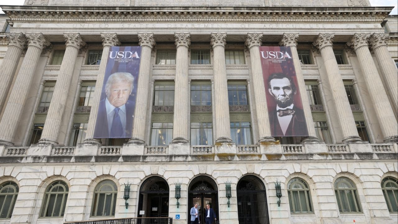 Banners of U.S. President Donald Trump and President Abraham Lincoln reading "Growing America Since 1862" hang over the entrance to the United States Department of Agriculture (USDA) in Washington, D.C., U.S., May 15, 2025. (Reuters File)