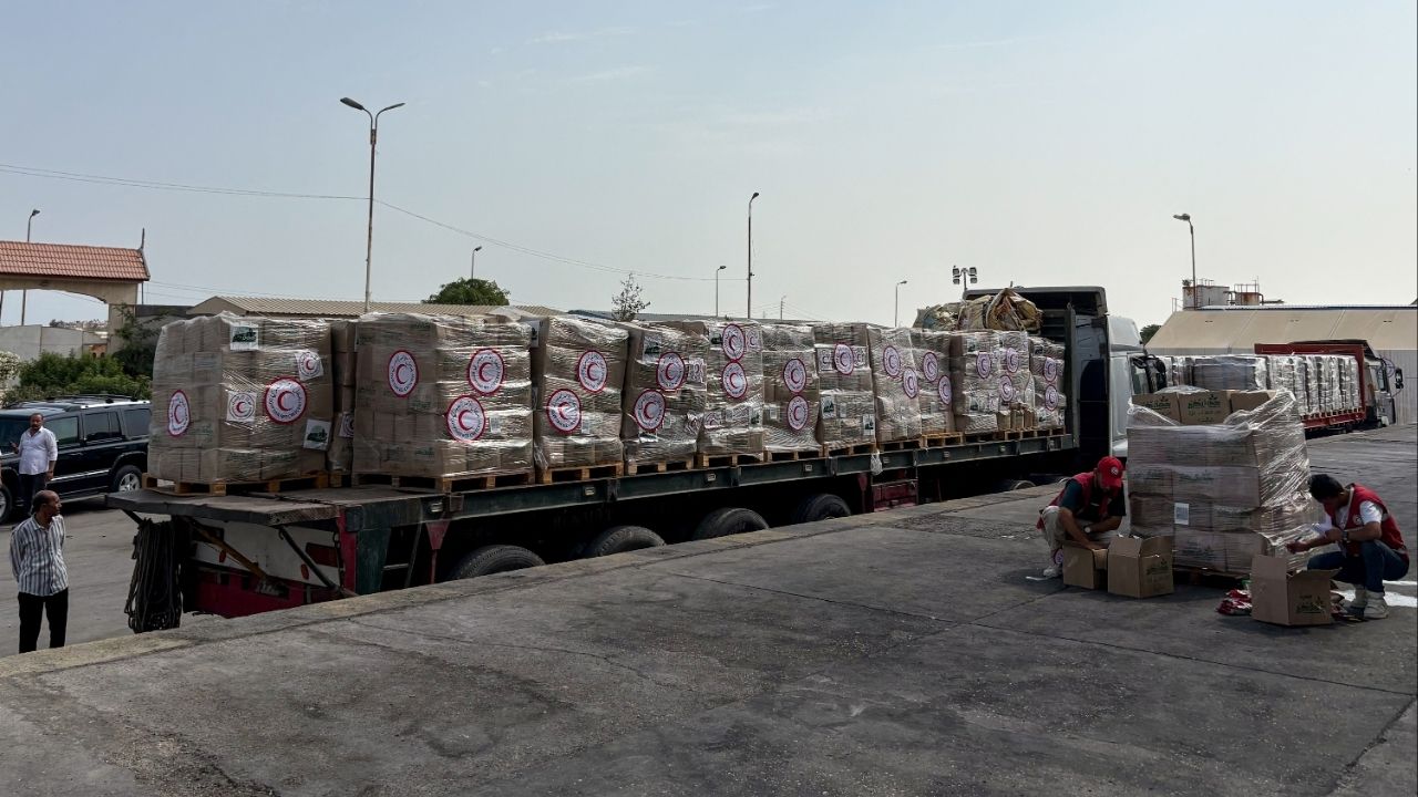Humanitarian aid waits to be delivered to Gaza, at a logistics site run by the Egyptian Red Crescent outside Arish, Egypt, August 11, 2025. (Reuters File)