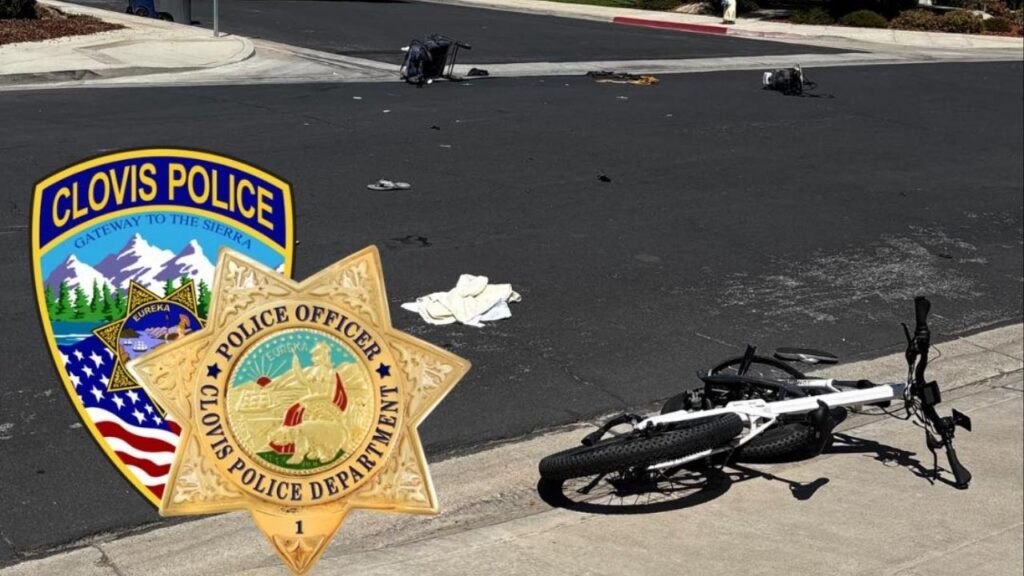 A teenager on an electric bicycle was seriously injured Wednesday August 13, 2025, in a collision with a pickup truck at a Clovis intersection, police said. (Clovis PD)