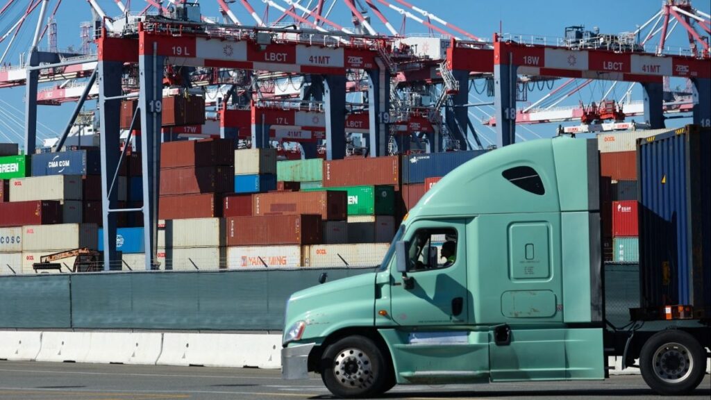 A truck driver leaves with his container from the Long Beach Container Terminal in Long Beach, California, U.S., February 9, 2023. (Reuters File)