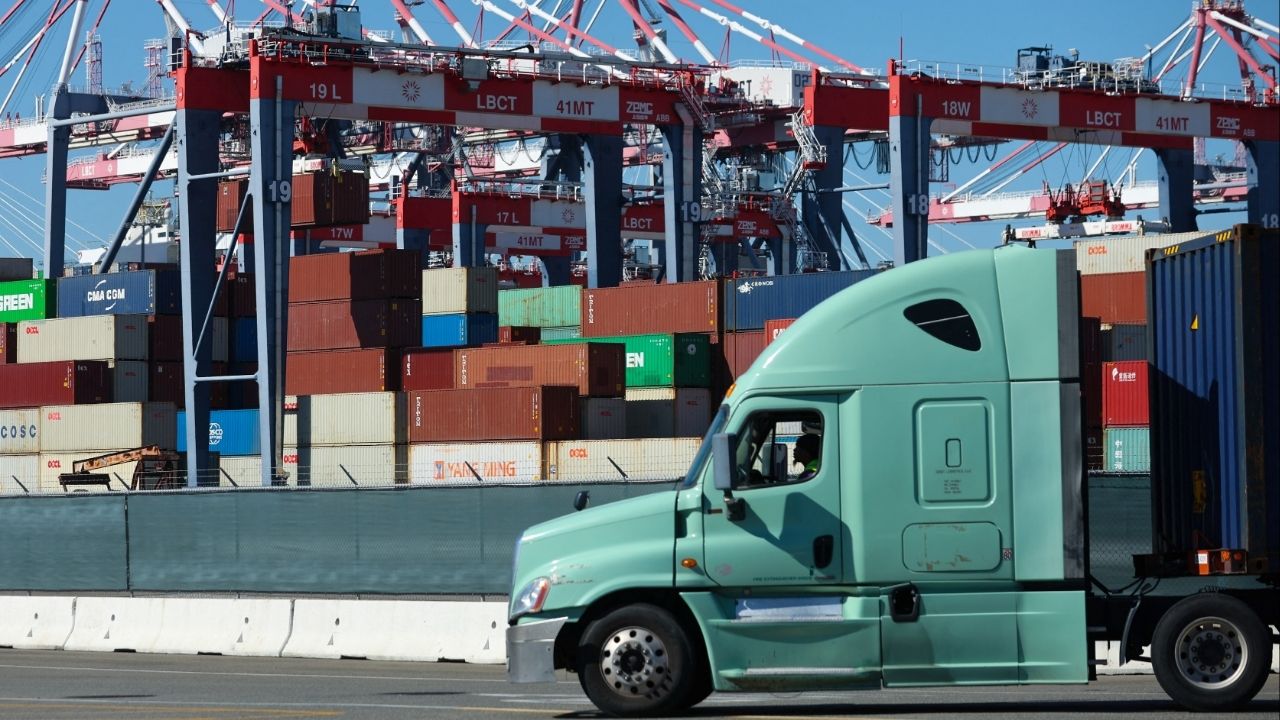 A truck driver leaves with his container from the Long Beach Container Terminal in Long Beach, California, U.S., February 9, 2023. (Reuters File)