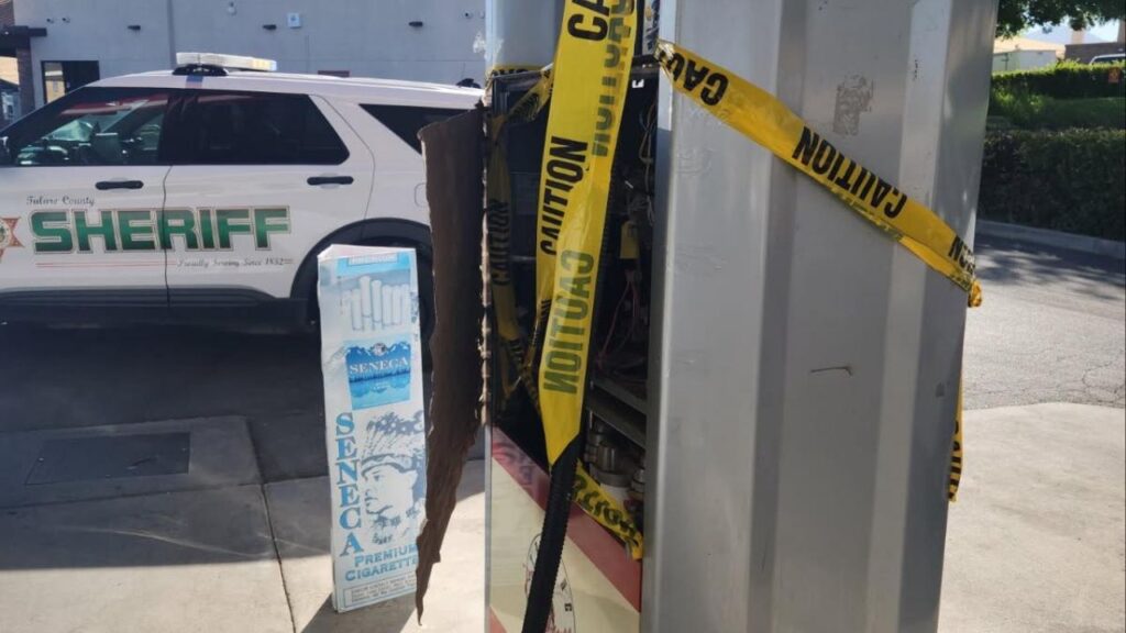 Thieves vandalized gas pumps and stole credit card scanners from two Springville markets early Thursday, August 14, 2025, and Tulare County detectives are investigating. (Tulare County SO)