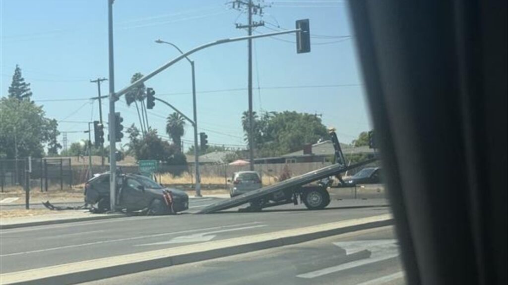 A two-vehicle crash near the westbound Highway 168 entrance from Shields Avenue in Fresno on Friday, August 18, 2025, caused traffic delays Friday but resulted in no injuries, police said. (Special to GV Wire)
