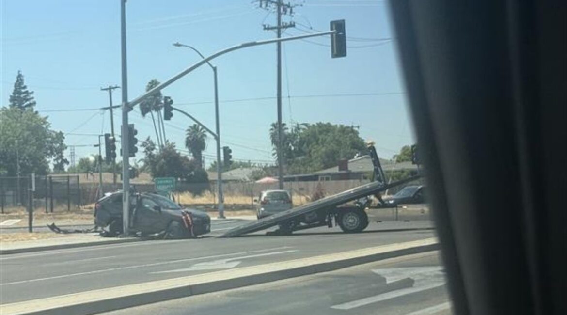 A two-vehicle crash near the westbound Highway 168 entrance from Shields Avenue in Fresno on Friday, August 18, 2025, caused traffic delays Friday but resulted in no injuries, police said. (Special to GV Wire)