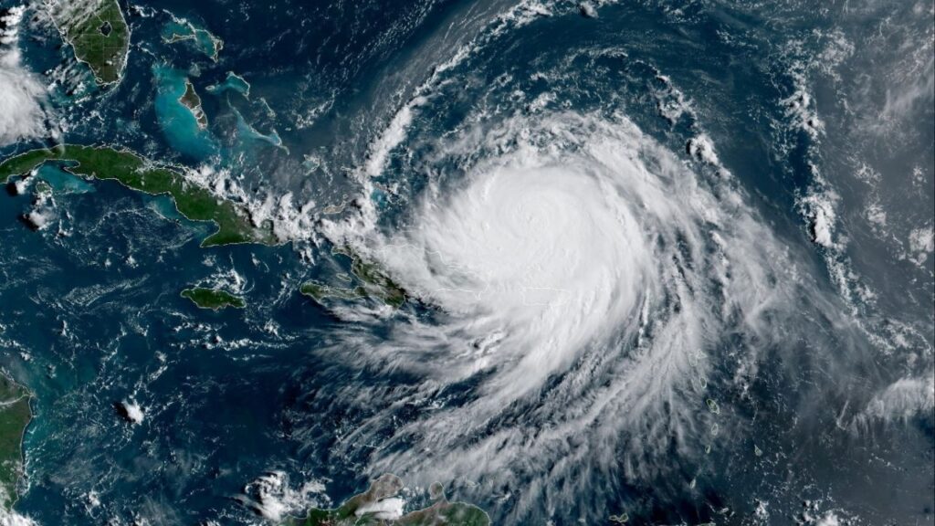 Hurricane Erin, which is the first hurricane of the 2025 Atlantic season and has been downgraded to Category 3, moves westward near Puerto Rico in a composite satellite image August 17, 2025. CIRA/NOAA/Handout via REUTERS