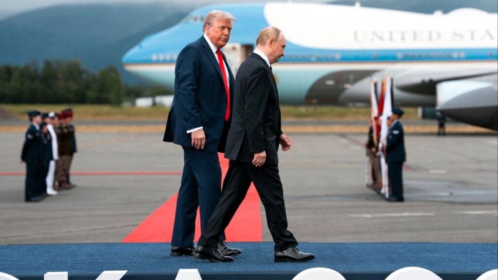President Trump walks with Russian President Vladimir Putin as Putin arrives as Joint Base Elmendorf Richardson in Anchorage, Alaska, where the two leaders will hold a meetings to end the war in Ukraine, Friday, Aug, 15, 2025. The president of Ukraine and his European allies are to visit the White House on Monday, after President Trump backed Russia’s plan to end the war. (Doug Mills/The New York Times)