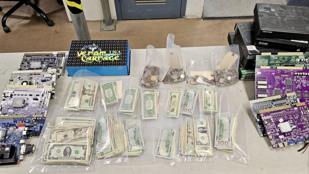 Kern County sheriff’s deputies uncovered an illegal casino in Bakersfield on Sunday, August 17, 2025, seizing cash and gambling machines but making no arrests. (Kern County SO)