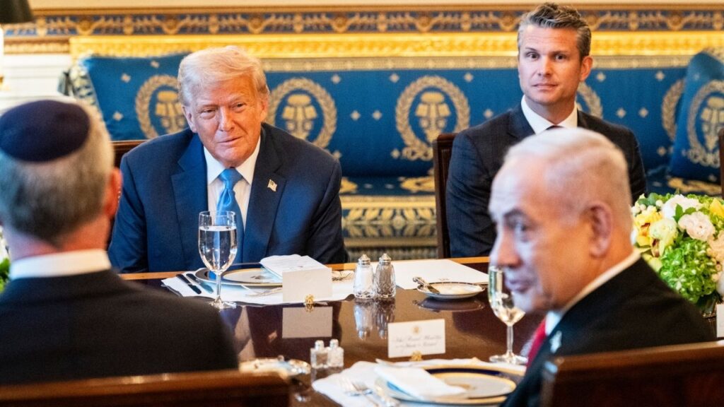 President Donald Trump, together with Pete Hegseth, Secretary of Defense, meets with Israeli Prime Minister Benjamin Netanyahu for dinner at the White House in Washington, July 7, 2025. President Trump praised Prime Minister Benjamin Netanyahu of Israel as a “war hero” for ordering his country’s forces to bombard Iran’s nuclear sites — and then said that the same label should apply to himself. (Haiyun Jiang/The New York Times)