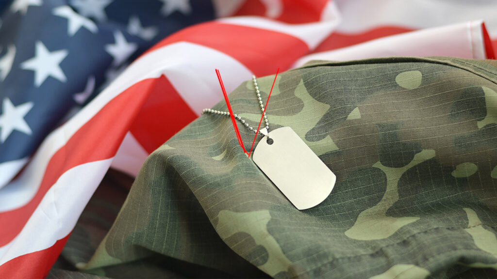Silvery military beads with dog tag on United States fabric flag and camouflage uniform