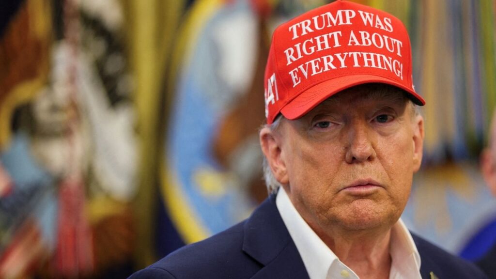 President Donald Trump wears a 'Trump Was Right About Everything!' hat, as he makes an announcement on the 2026 FIFA World Cup, in the Oval Office at the White House in Washington, D.C., U.S., August 22, 2025. (Reuters File)