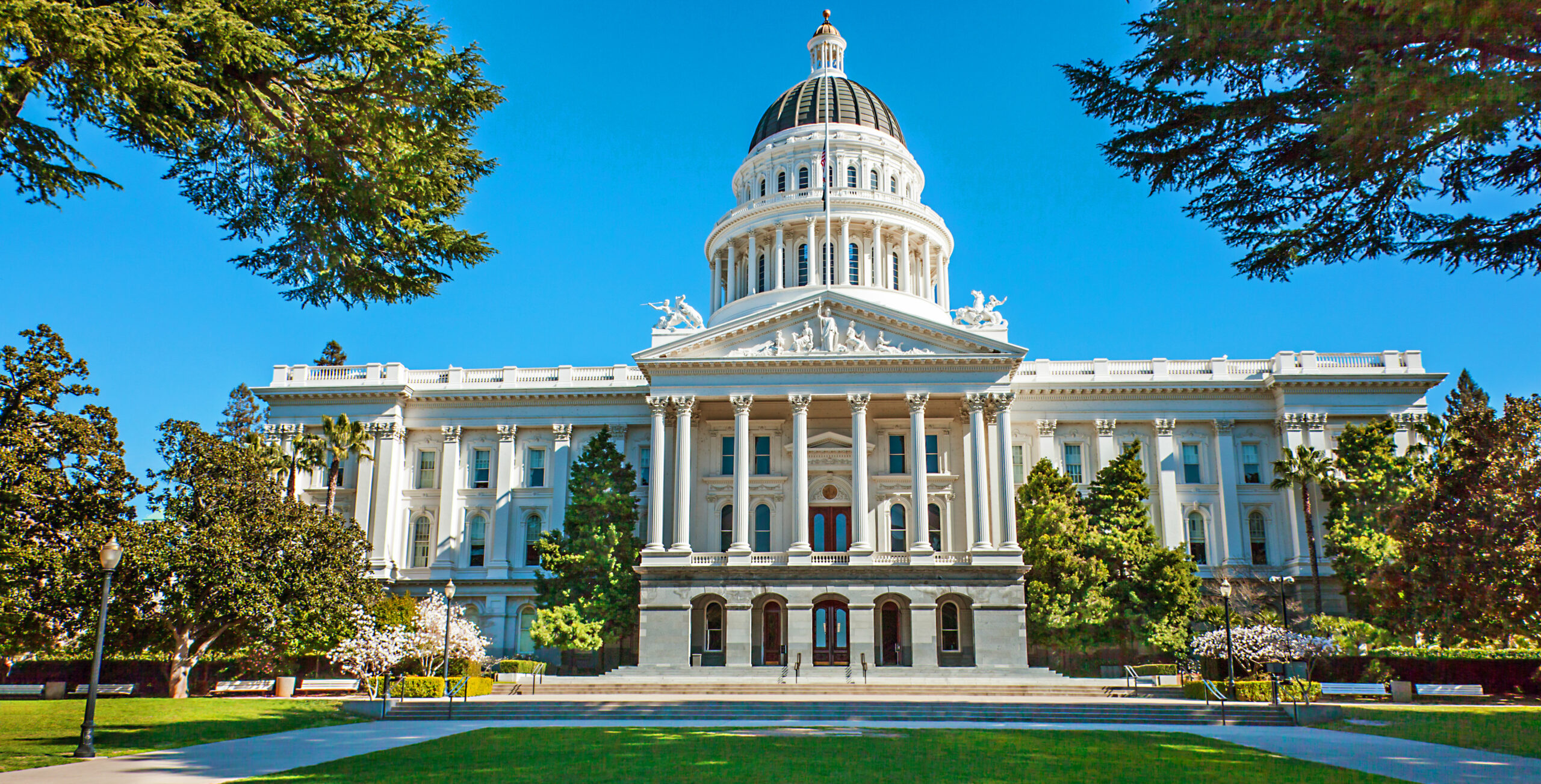 California State Capitol building in Sacramento, USA, framed by trees on a clear blue day.