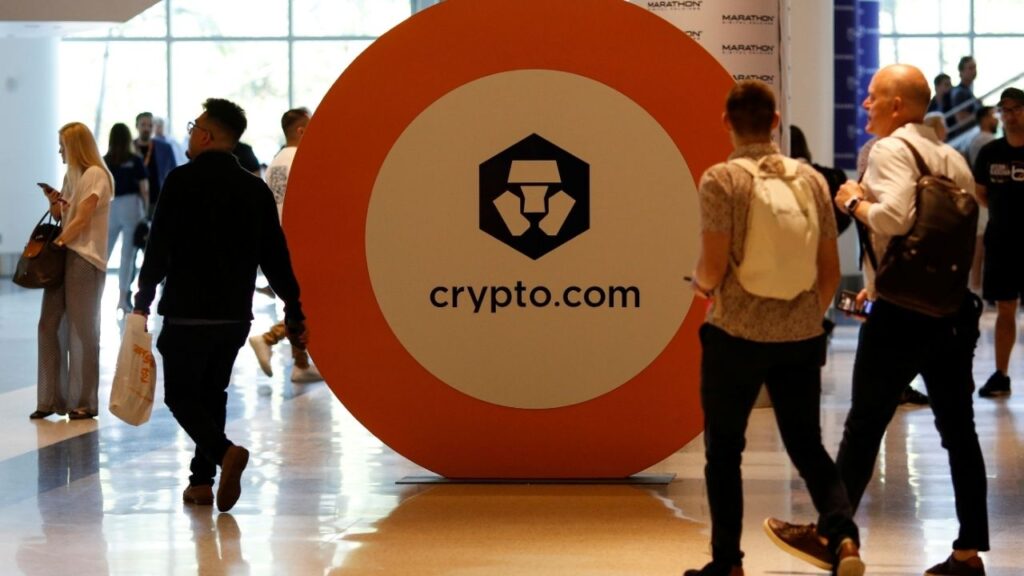 The logo of Crypto.com is seen at a stand during the Bitcoin Conference 2022 in Miami Beach, Florida, U.S. April 6, 2022. (Reuters File)