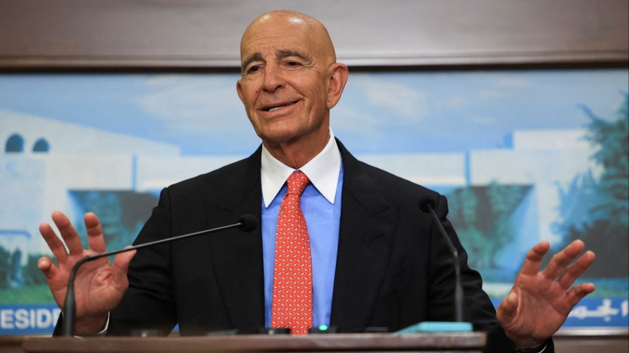 U.S. Ambassador to Turkey and U.S. special envoy for Syria Thomas Barrack speaks after meeting with Lebanese President Joseph Aoun (not pictured) at the presidential palace in Baabda, Lebanon August 26, 2025. (Reuters/Mohamed Azakir)
